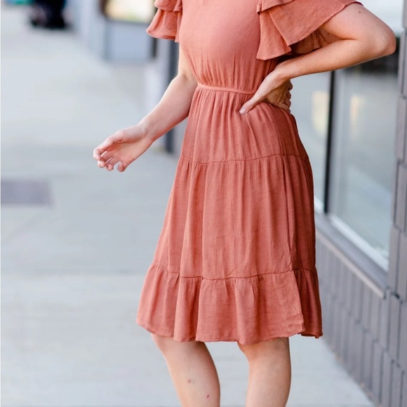 Elegant Ruffled Sleeve Dress in Terracotta - Picture 2 of 4